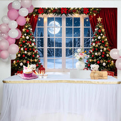 Lofaris Festive Christmas Tree Backdrop with Snowy Window and Full Moon, Cozy Winter Wonderland Background for Holiday Party Photography