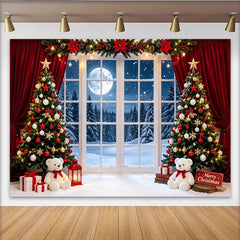 Lofaris Festive Christmas Tree Backdrop with Snowy Window and Full Moon, Cozy Winter Wonderland Background for Holiday Party Photography