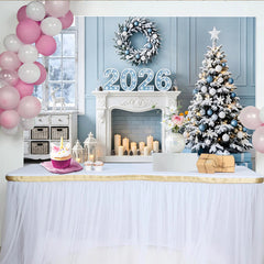 Lofaris Snowy Blue and White New Year Backdrop with Christmas Tree, Elegant Winter Holiday Background for Family Photoshoot