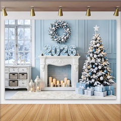 Lofaris Snowy Blue and White New Year Backdrop with Christmas Tree, Elegant Winter Holiday Background for Family Photoshoot