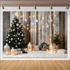 Lofaris Rustic Wood Christmas Tree Backdrop with White Stars and String Lights, Cozy Winter Holiday Background for Photography