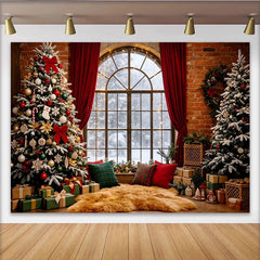 Lofaris Cozy Christmas Tree and Snowy Window Holiday Backdrop, Elegant Winter Scene Background for Family Photos and Decor