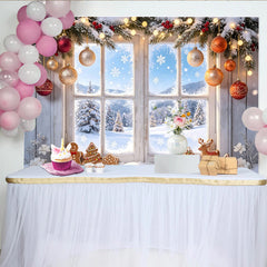 Lofaris Snowy Christmas Window Backdrop with Gingerbread and Ornaments, Festive Winter Scene Background for Holiday Party Decor