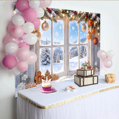 Lofaris Snowy Christmas Window Backdrop with Gingerbread and Ornaments, Festive Winter Scene Background for Holiday Party Decor