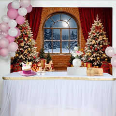 Lofaris Cozy Christmas Tree Backdrop with Snowy Window and Gifts, Festive Holiday Decor for Winter Photography