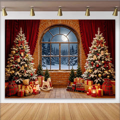 Lofaris Cozy Christmas Tree Backdrop with Snowy Window and Gifts, Festive Holiday Decor for Winter Photography