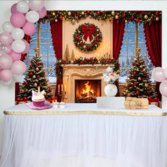 Lofaris Festive Christmas Fireplace Backdrop with Decorated Trees, Snowy Window Scene Holiday Party Decor for Photography