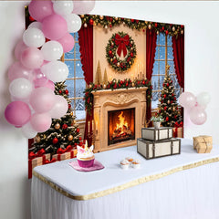 Lofaris Festive Christmas Fireplace Backdrop with Decorated Trees, Snowy Window Scene Holiday Party Decor for Photography