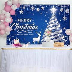 Lofaris Blue Silver Glitter Christmas Tree Backdrop with White Deer and Gifts, Festive Holiday Background for Winter Party Decoration