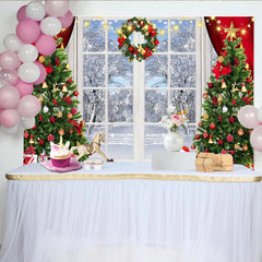 Lofaris Festive Christmas Window Backdrop with Snowy Winter Scene, Decorated Trees and Gifts for Holiday Photo Booth Prop