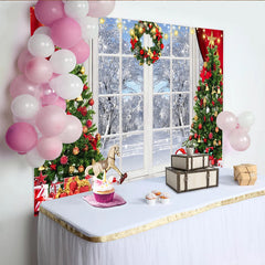 Lofaris Festive Christmas Window Backdrop with Snowy Winter Scene, Decorated Trees and Gifts for Holiday Photo Booth Prop