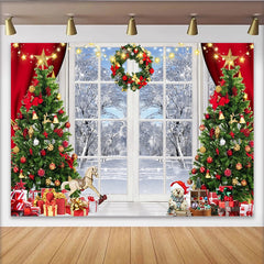 Lofaris Festive Christmas Window Backdrop with Snowy Winter Scene, Decorated Trees and Gifts for Holiday Photo Booth Prop