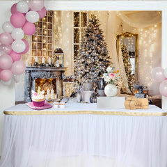 Lofaris Elegant Flocked Christmas Tree Backdrop with Sparkling Lights, Festive Fireplace Background for Winter Holiday Decor