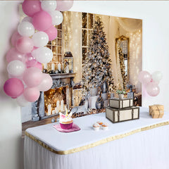 Lofaris Elegant Flocked Christmas Tree Backdrop with Sparkling Lights, Festive Fireplace Background for Winter Holiday Decor