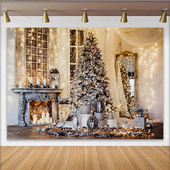 Lofaris Elegant Flocked Christmas Tree Backdrop with Sparkling Lights, Festive Fireplace Background for Winter Holiday Decor