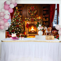 Lofaris Cozy Christmas Fireplace Backdrop with Decorated Tree and Gifts, Warm Holiday Background for Family Photoshoots and Winter Decor