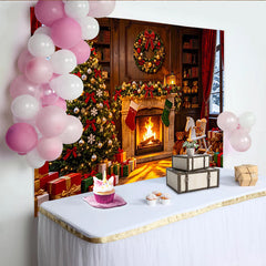 Lofaris Cozy Christmas Fireplace Backdrop with Decorated Tree and Gifts, Warm Holiday Background for Family Photoshoots and Winter Decor