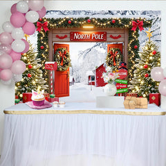 Lofaris Snowy North Pole Christmas Backdrop with Decorated Trees and Snowman, Festive Winter Wonderland Background for Holiday Party