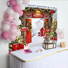 Lofaris Snowy North Pole Christmas Backdrop with Decorated Trees and Snowman, Festive Winter Wonderland Background for Holiday Party