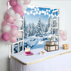 Lofaris Open Window Snowy Winter Forest Backdrop with String Lights, Scenic Photography Background for Holiday Party Decor