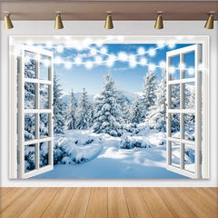 Lofaris Open Window Snowy Winter Forest Backdrop with String Lights, Scenic Photography Background for Holiday Party Decor