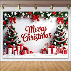 Lofaris Merry Christmas Holiday Backdrop with Red and White Trees and Gifts, Vibrant Christmas Photography Background for Festive Party Decor