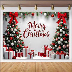 Lofaris Merry Christmas Tree Holiday Backdrop with Red and White Gifts, Elegant Photo Background for Winter Party Decor