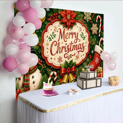 Lofaris Merry Christmas Snowman and Ornaments Festive Holiday Backdrop, Green Pine Branches Background for Party Decor