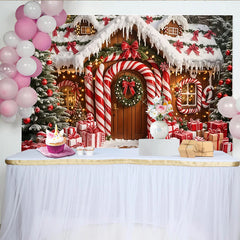 Lofaris Festive Christmas Gingerbread House Backdrop with Candy Canes and Snow, Charming Photo Booth Prop for Family Celebrations