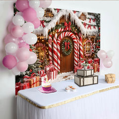 Lofaris Festive Christmas Gingerbread House Backdrop with Candy Canes and Snow, Charming Photo Booth Prop for Family Celebrations