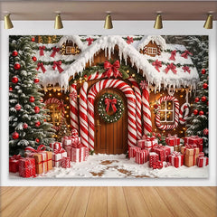 Lofaris Festive Christmas Gingerbread House Backdrop with Candy Canes and Snow, Charming Photo Booth Prop for Family Celebrations