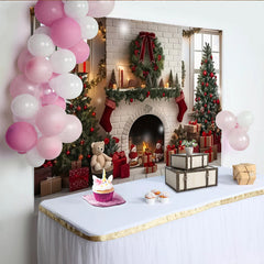Lofaris Warm Christmas Fireplace Backdrop with Decorated Trees and Gifts, Elegant Holiday Background for Festive Photoshoot