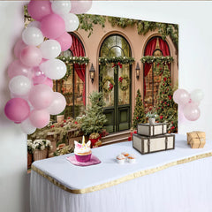 Lofaris Elegant Christmas Facade Backdrop with Arched Windows, Decorated Trees and Gift Boxes for Holiday Party Photography