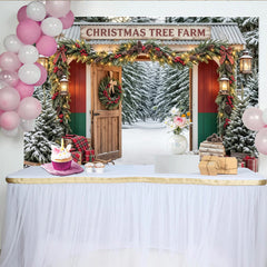 Lofaris Snowy Christmas Tree Farm Backdrop with Festive Garlands and Lanterns, Rustic Winter Holiday Background for Family Photoshoot