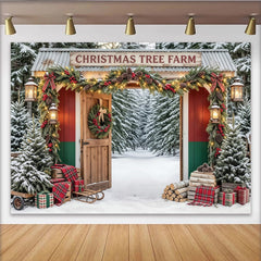 Lofaris Snowy Christmas Tree Farm Backdrop with Festive Garlands and Lanterns, Rustic Winter Holiday Background for Family Photoshoot