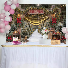 Lofaris Snowy Christmas Tree Farm Backdrop with Festive Lights and Wreaths, Charming Winter Holiday Background for Family Photoshoot Decor