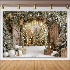Lofaris Snowy Wooden Arch Christmas Backdrop with Pine Trees and Lanterns, Elegant Winter Holiday Background for Photoshoot