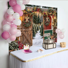 Lofaris Snowy Christmas Tree Farm Backdrop with Rustic Arch and Pine Garlands, Festive Winter Holiday Background for Family Photoshoot