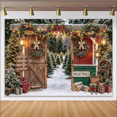 Lofaris Snowy Christmas Tree Farm Backdrop with Rustic Arch and Pine Garlands, Festive Winter Holiday Background for Family Photoshoot