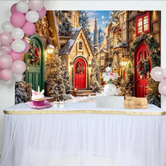 Lofaris Charming Christmas Village Backdrop with Snow, Festive Red Doors and Twinkling Lights, Winter Holiday Party Decor for Photoshoot