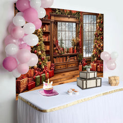 Lofaris Cozy Christmas Winter Backdrop with Decorated Trees and Snowy Window, Festive Library Background for Holiday Photoshoot