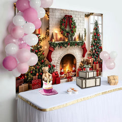 Lofaris Christmas Fireplace Backdrop with Decorated Trees and Gifts, Cozy Holiday Photography Background for Family Photos