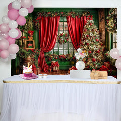 Lofaris Festive Green Wall Red Curtain Christmas Tree Christmas Backdrop for Winter Holiday Party, Cozy Wooden Background for Decor