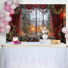 Lofaris Cozy Christmas Window Backdrop with Red Curtains, Snowy Forest, Festive Holiday Background for Family Photos and Winter Decor.
