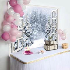 Lofaris Snowy Christmas Window Backdrop with Illuminated Pine Trees, Beautiful Winter Background for Holiday Party Decor