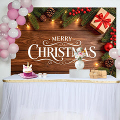 Lofaris Merry Christmas Wooden Backdrop with Pine Branches and Lights, Festive Holiday Background for Winter Party Decoration