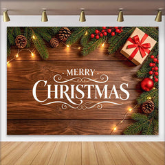 Lofaris Merry Christmas Wooden Backdrop with Pine Branches and Lights, Festive Holiday Background for Winter Party Decoration