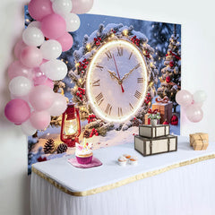 Lofaris Snowy Christmas and New Year Backdrop with Clock and Festive Trees, Winter Wonderland Photography Background for Holiday Parties