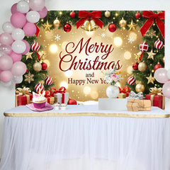 Lofaris Merry Christmas and Happy New Year Backdrop with Decorated Trees, Ornaments and Gifts, Golden Bokeh Lights for Holiday Party