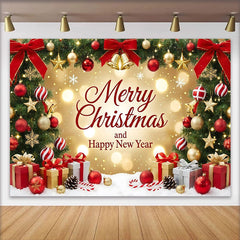 Lofaris Merry Christmas and Happy New Year Backdrop with Decorated Trees, Ornaments and Gifts, Golden Bokeh Lights for Holiday Party